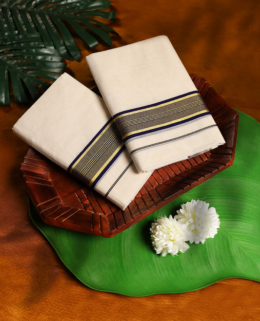 Off white colour cotton SET MUNDU featuring a plain body, complemented by a deep navy and gold toned 2 inch border( 2.00/2.80 MTS).