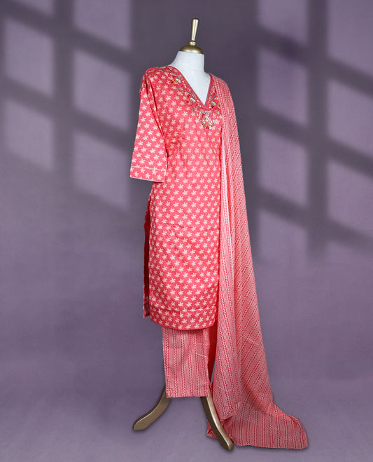 Peach red colour salwar set with all over floral motifs on the kurta, highlighted by a V neck with delicate embroidery, paired with matching printed bottom and striped printed dupatta in coordinated hues.