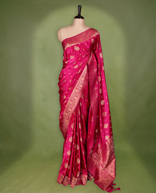 Pink Colour Semi  Banarasi Saree having Golden Buttas in Body with Worked Border and Blouse