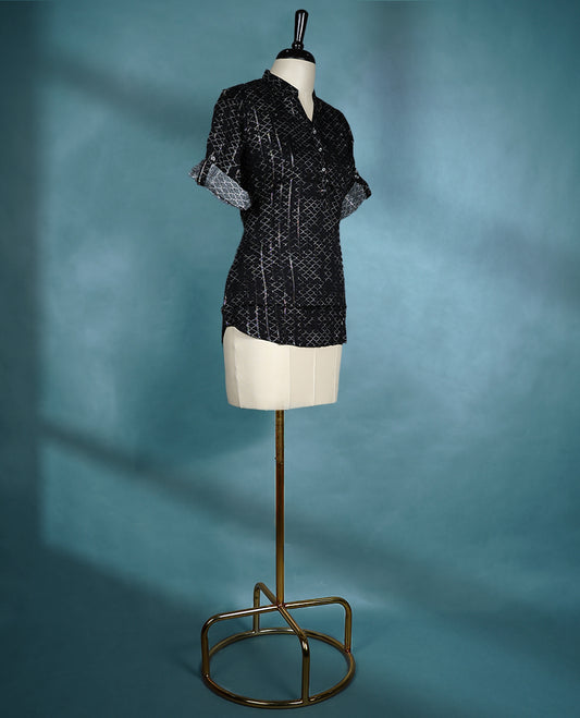 Black Colour Printed Mandarin Collar Short Sleeve Top for Women.