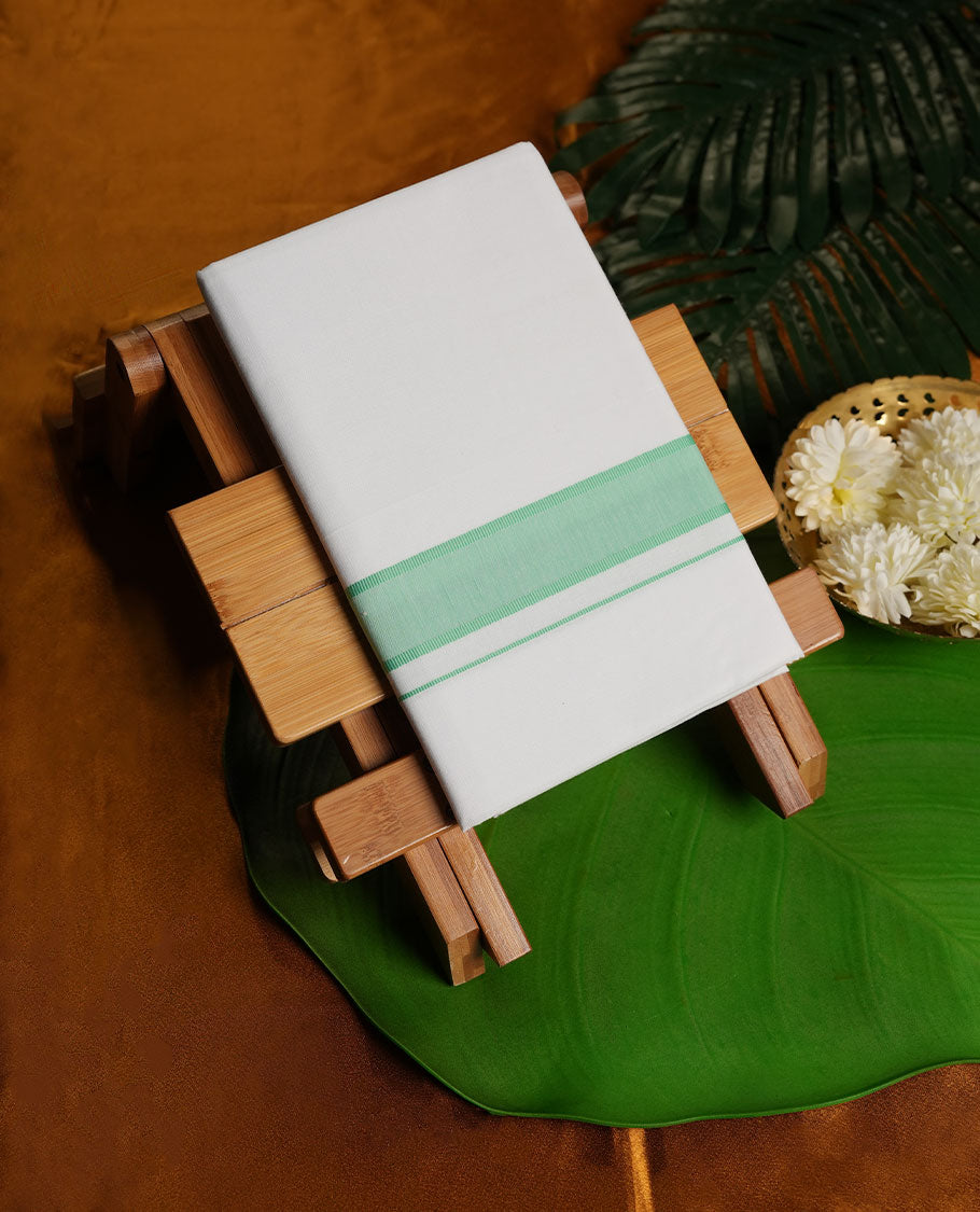 White Colour Pure Cotton single Dhoti with Green Colour Border for Men