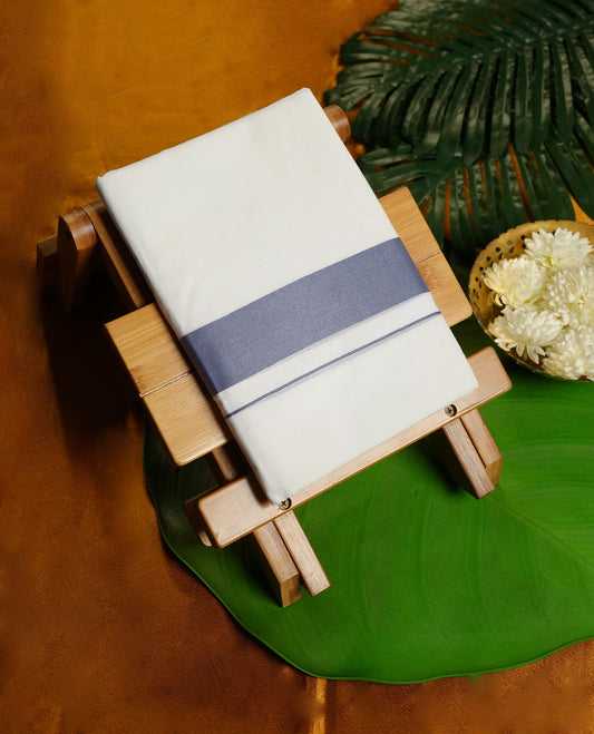 White Colour RAMRAJ Pure Cotton double Dhoti with Ash blue Colour Border for Men