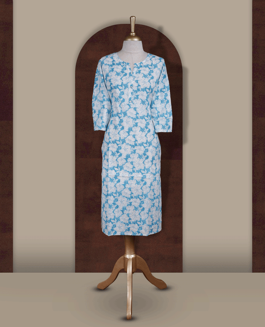 Sky blue colour kurthi featuring with white floral prints all over & Designed with a round neckline with V notch, button placket, and 3/4 sleeves.