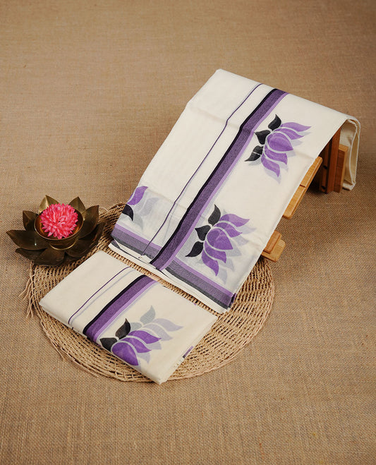 Cream colour cotton set mundu  highlighting Purple colour lotus printed & simple border