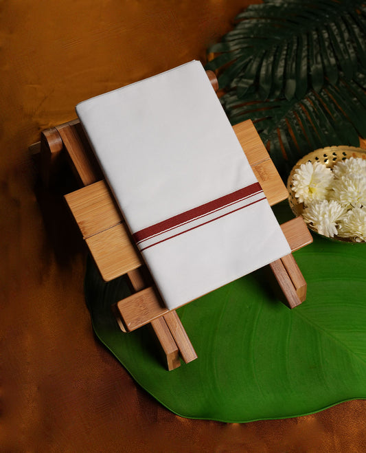 White Colour RAMRAJ Pure Cotton single Dhoti with Maroon Colour Border for Men
