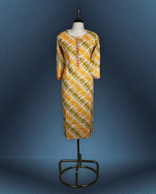 Multicolour kurti in shades of yellow, orange, and olive green, featuring an all over diagonal geometric print, accented with a round neckline and contrast embroidered placket, paired with three quarter sleeves