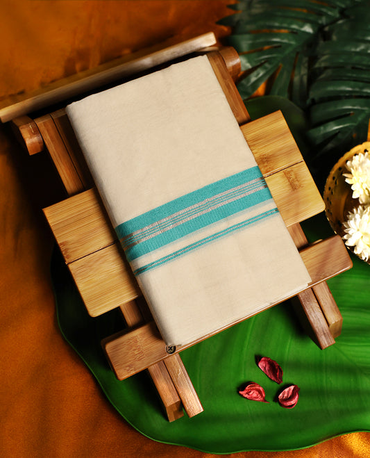 Off white pure cotton double dhoti highlighted with an elegant aqua blue and golden zari border, blending comfort and tradition, perfect for festive occasions, rituals, and cultural gatherings.