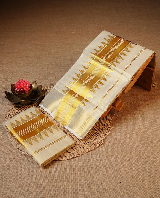 Cream colour Tissue silk set mund Featuring Elegant plain body, Complemented by Gold zari temple design border.