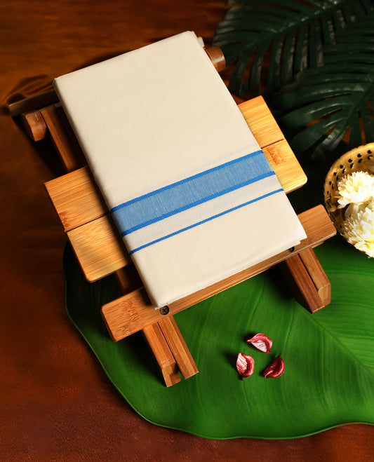 Off white colour cotton single dhoti featuring a 1.5 inch blue kara, crafted with fine fabric for traditional elegance and comfort, perfect for festive wear, temple visits, and cultural occasions.