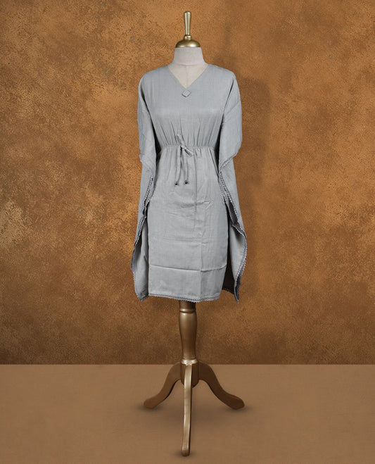 Steel grey kaftan-style nightwear dress with V-neckline, drawstring waist tie, relaxed draped sleeves, and lace-detailed edges.