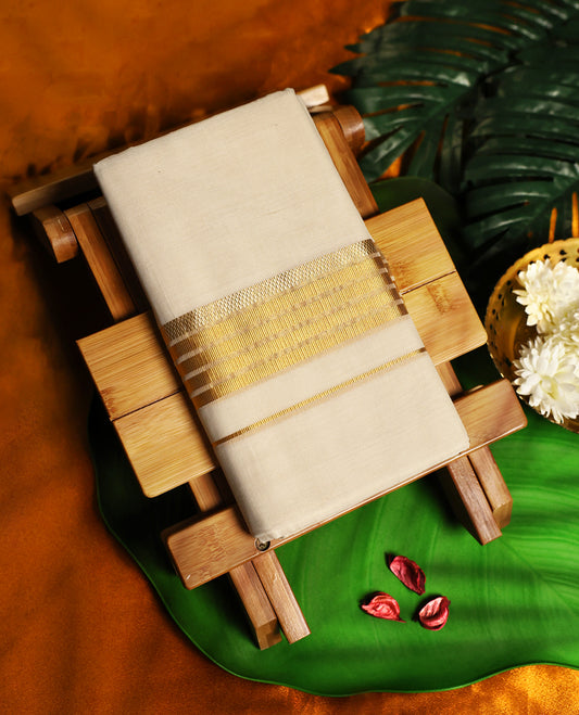 Traditional off white colour pure handloom cotton double dhoti featuring a rich golden zari border, elegantly woven for festive grace and timeless comfort, perfect for weddings and cultural celebrations.