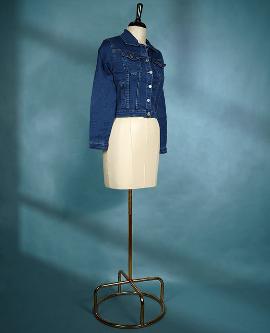Blue Colour Solid Spread Collar Denim Jacket for Women