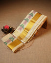 Cream colour Tissue silk set mund Featuring Elegant plain body, Complemented by design print with zari border.