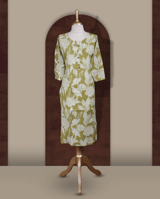 Olive yellow colour colour kurthi adorned with delicate off white floral prints, featuring a stylish V notch round neckline and comfy 3/4th sleeves & Designed in a straight cut silhouette for a graceful, everyday look.