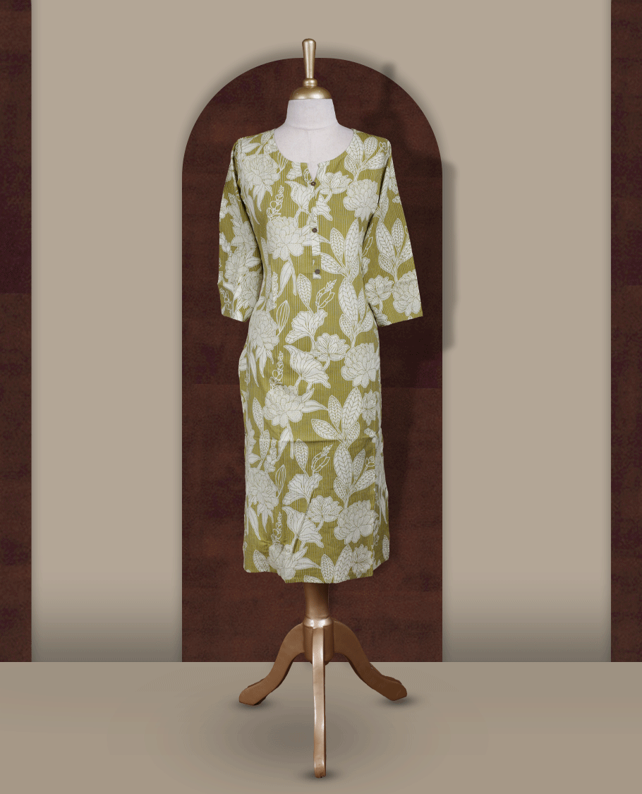 Olive yellow colour colour kurthi adorned with delicate off white floral prints, featuring a stylish V notch round neckline and comfy 3/4th sleeves & Designed in a straight cut silhouette for a graceful, everyday look.