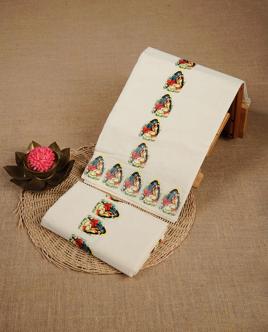 Cream colour cotton set mundu highlighting Radhakrishna print on border.