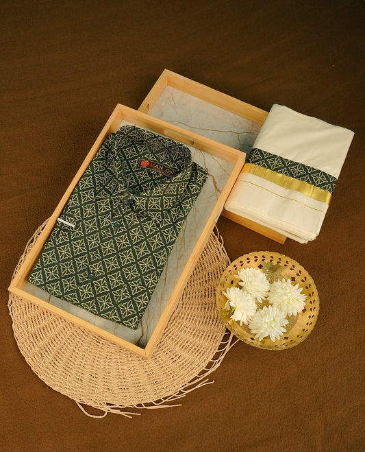 Dark Green colour shirt featuring Cream colour Pattern printed body, paired with cream colour double dhoti featuring Gold kara with Same printed border.