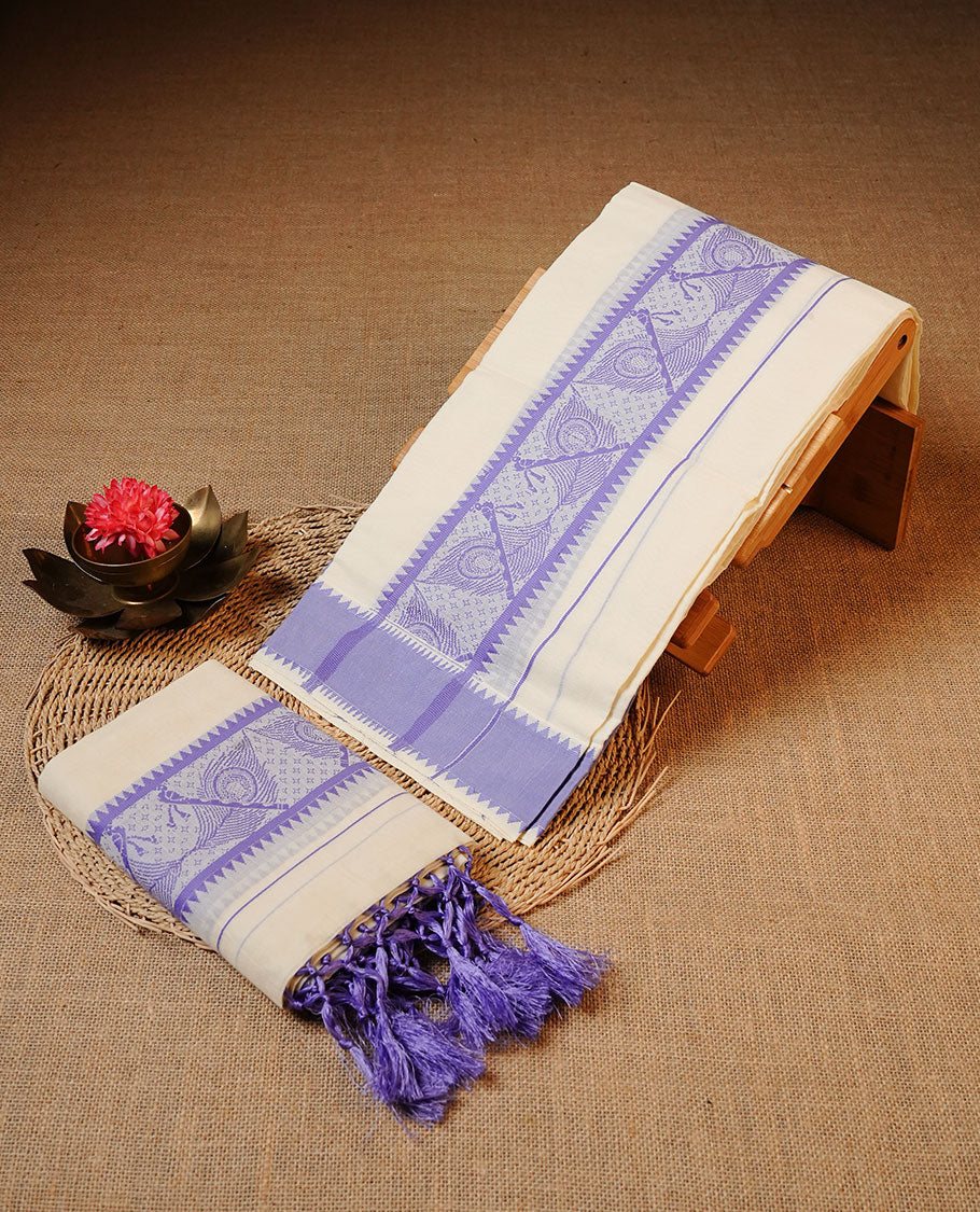Off white colour cotton  Set Mund featuring a plain body, enhanced by a lavender traditional woven border with peacock motifs.