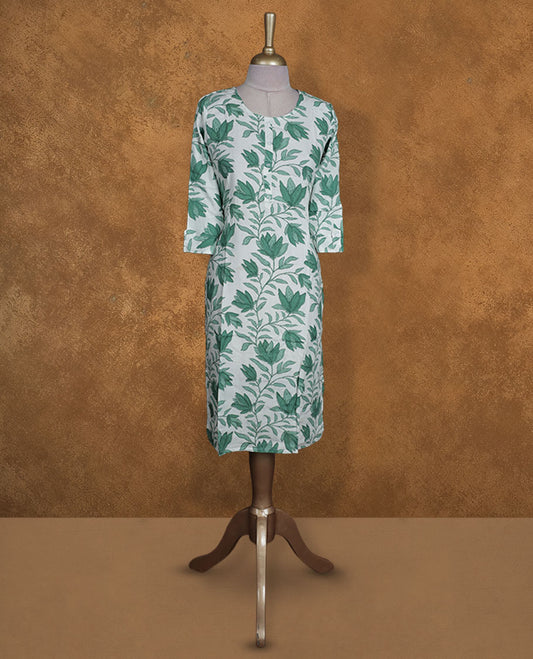 White and green colour kurti with Green floral prints, knee length design, styled with a round neckline and a sleeve .