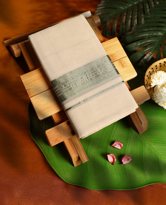 Off white pure handloom double dhoti featuring an elegant green kara with fine woven detailing, crafted in a soft traditional finish for comfort and grace, perfect for temple visits, cultural functions, and festive wear.