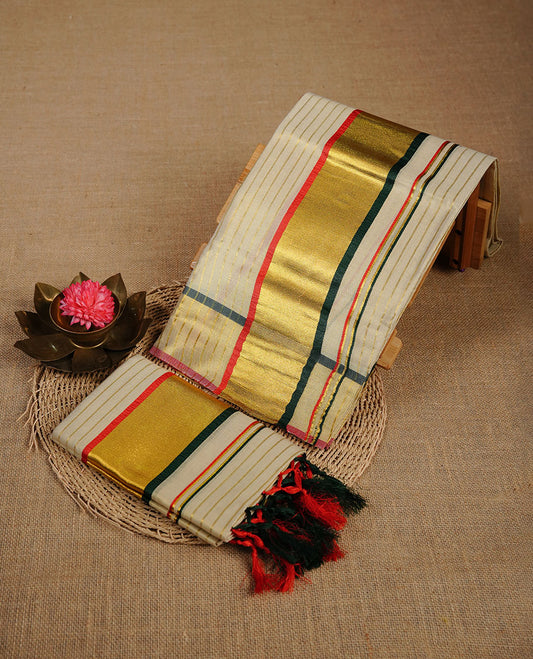 Light Gold colour tissue set mundu highlighting gold zari stripes on body, red & green highlight on traditional border