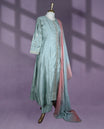 Pastel green colour salwar set showcases a keyhole neckline and three quarter sleeves adorned with intricate sequin embroidery, paired beautifully with a dual tone dupatta