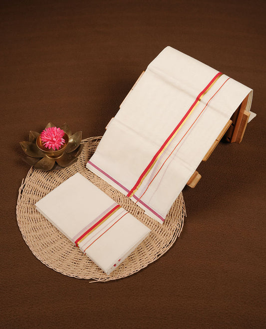 Off white colour cotton set mundu highlights gold and red simple border (2.00/2.80 MTS)