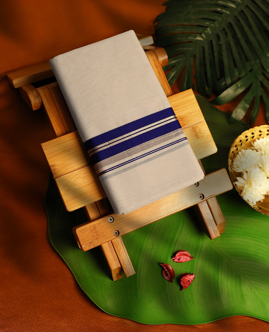 Light ivory Colour cotton double dhoti with Blue kara, crafted for traditional elegance & comfort, for men.