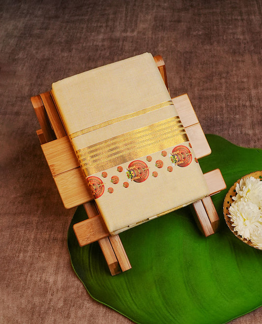Cream Colour Tissue Double Dhoti Finished With A Classic Golden Kasav & Indian art forms Digital print.