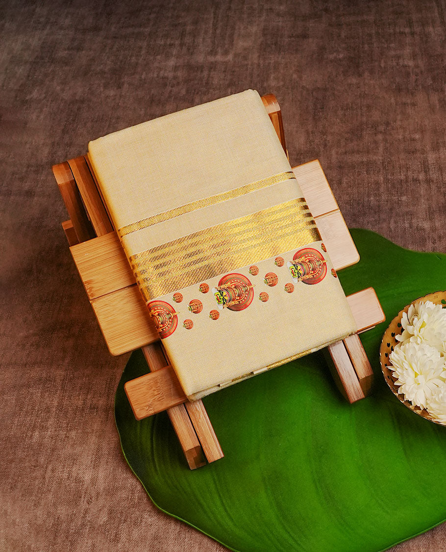 Cream Colour Tissue Double Dhoti Finished With A Classic Golden Kasav & Indian art forms Digital print.
