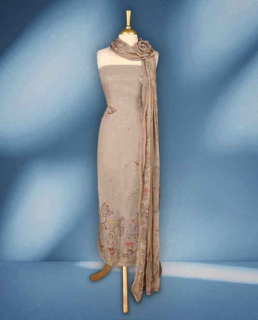Sand beige colour premium pure linen printed top with hand embroidery crochet lace on daman and sleeves, premium cotton Bottom & pure chiffon printed with crochet lace border Dupatta