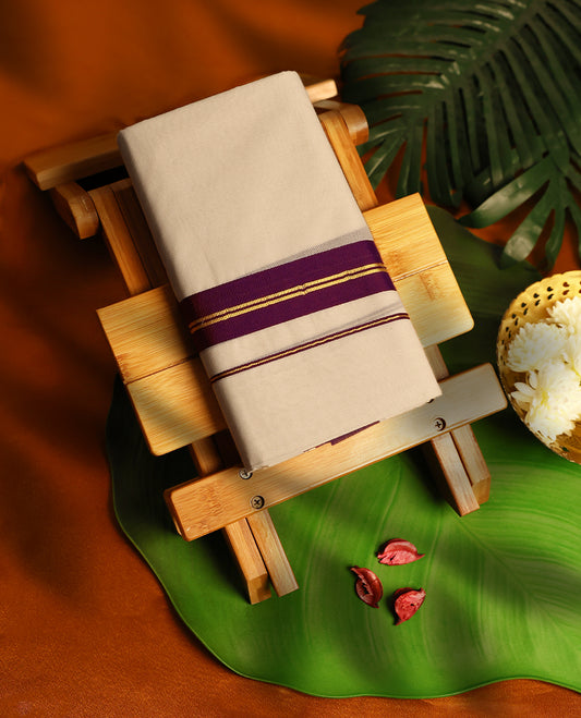 Light ivory Colour cotton double dhoti having Grape Colour kara, crafted for traditional elegance & comfort, for men.