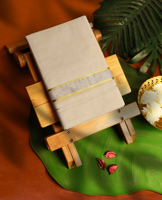 Light ivory Colour cotton double dhoti with Silver and Gold kara, crafted for traditional elegance & comfort, for men.
