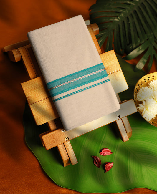 Light ivory Colour cotton double dhoti with Aqua Green kara, crafted for traditional elegance & comfort, for men.