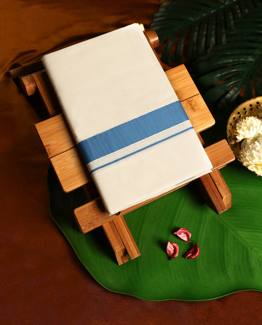 Off white cotton single dhoti featuring a blue kara with subtle double line edging, designed for a classic traditional look, offering both comfort and grace, ideal for rituals, festive wear, and cultural gatherings.