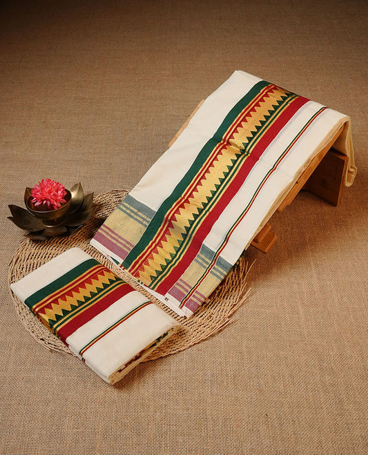 Off white colour Cotton Set Mund featuring a traditional multicolour temple pattern border in green, red and gold zari, enhanced with a thin multicolour striped border.