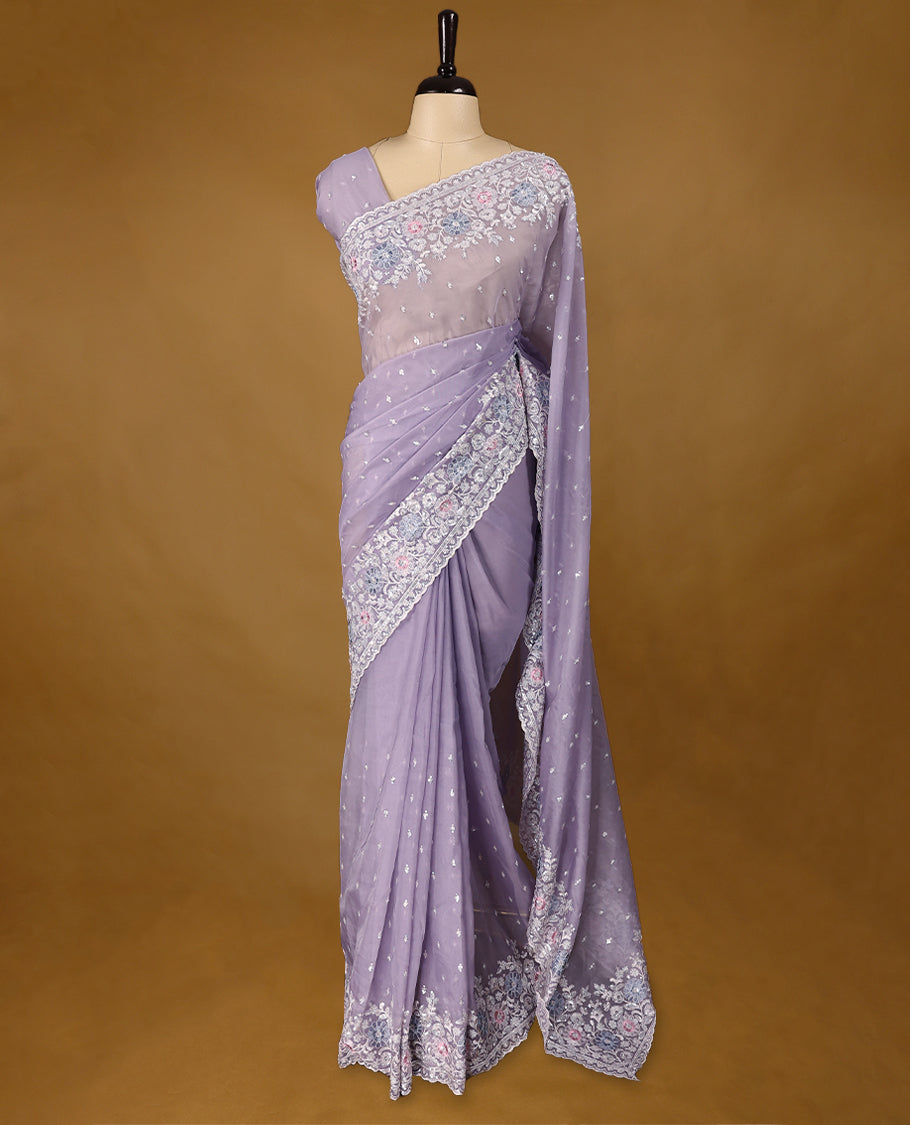 Lavender Colour Organza Designer Saree having Thread and Sequence Worked Body with Border and Blouse