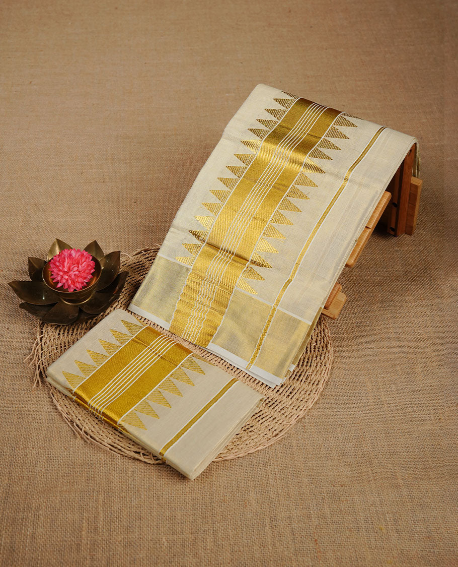 Light Gold colour tissue set mundu highlighting gold zari temple pattern traditional border
