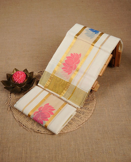 Cream colour cotton set mundu highlighting gold zari border with multicolour lotus print.