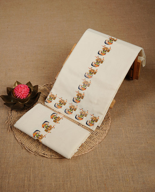 Cream colour cotton set mundu highlighting Indian culture printed pattern border.
