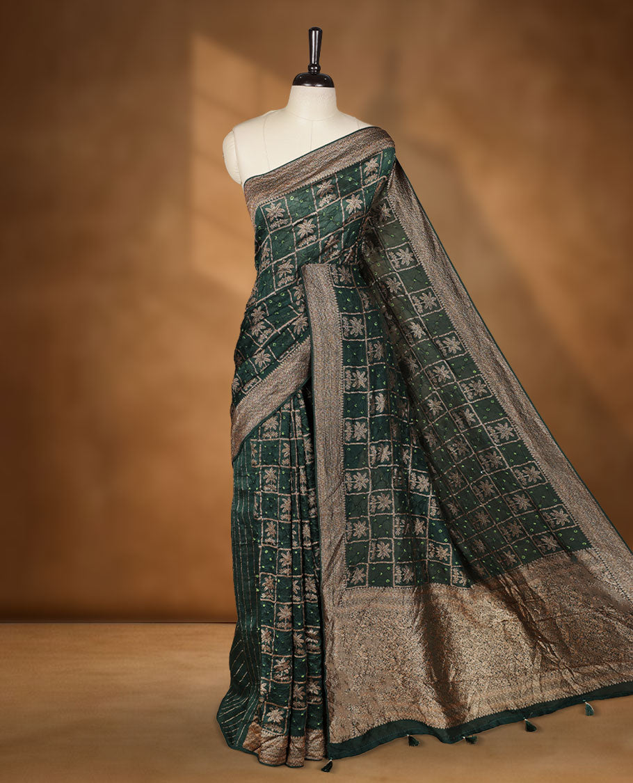 Deep Green colour Banarasi Bandhani silk saree featuring with intricate Banarasi motifs on body, complemented by antique zari woven border and grand pallu, paired with matching  blouse
