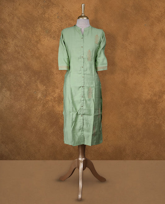 Mint green colour kurti detailed with subtle thread embroidery on the front, styled with a band collar, front button placket and comfy 3/4th sleeves.
