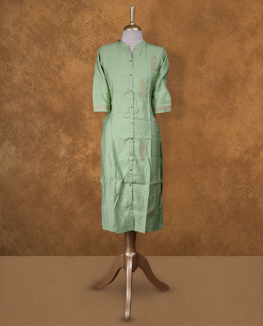 Mint green colour kurti detailed with subtle thread embroidery on the front, styled with a band collar, front button placket and comfy 3/4th sleeves.
