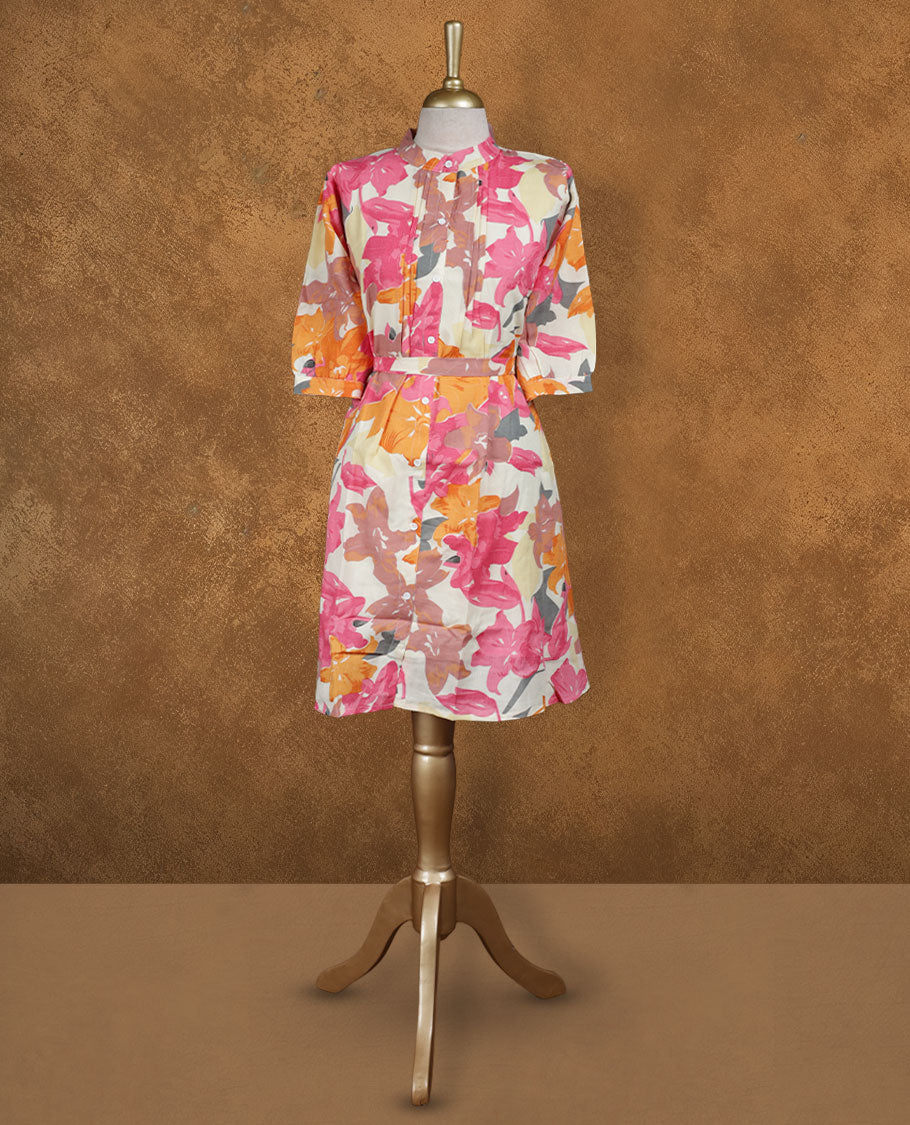 Multicolour floral printed knee-length shirt dress with band collar, pintuck-detailed yoke, front button placket, attached waist belt, and half sleeves