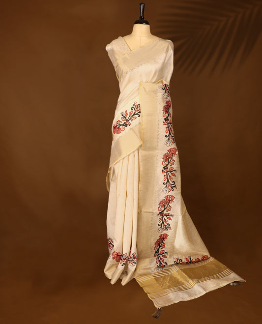 Ivory tussar Kerala saree adorned with intricate floral Digital Prints, complemented by a border, with matching Blouse