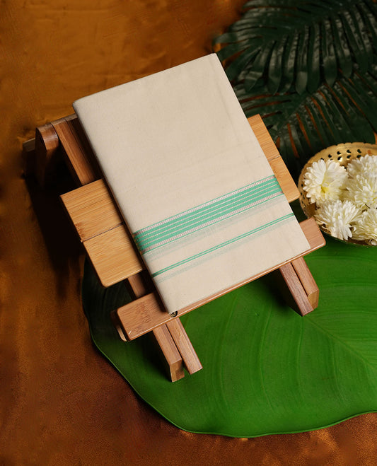 Cream Colour Pure Cotton single Dhoti with light Green and Silver Colour simple Border for Men