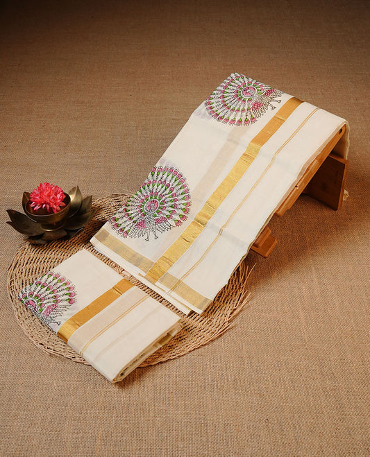 Off white colour Cotton Set Mund featuring a plain body, enhanced by a Print on gold zari border.