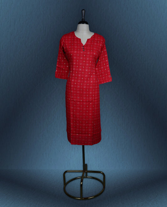 Red colour kurti adorned with an all over small geometric print, styled with a chic notch neckline enhanced by delicate button detailing, and finished with comfortable three quarter sleeves