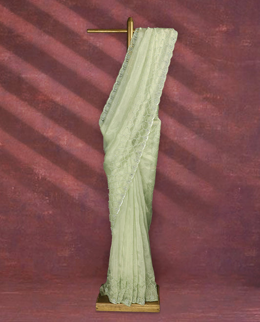 Light Pastel green colour pure organza saree featuring sequin work all over the body, adorned with a heavily embellished border with beads, stones, and sequins, complemented by a worked pallu and paired with a matching embellished blouse