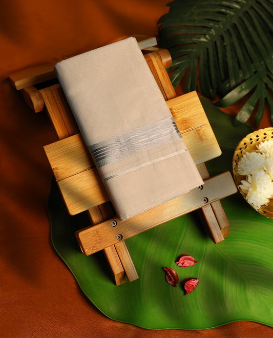 Light ivory Colour cotton double dhoti with Light Rose Gold kara, crafted for traditional elegance & comfort, for men.
